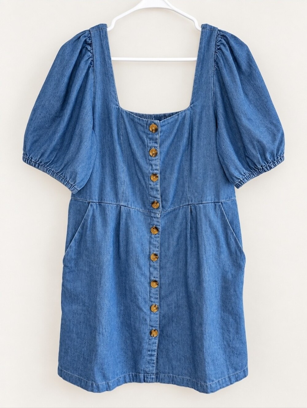 Old Navy Denim Mini Dress Women's L Medium Wash Puff Sleeve Button Front Pockets